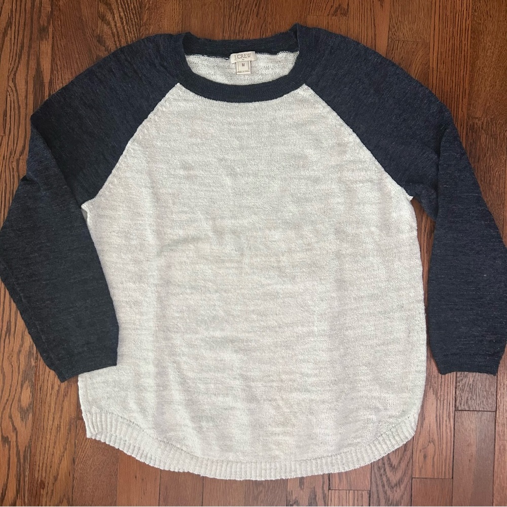 J. Crew White and Navy Baseball 3/4 Sleeve Sweater.  Linen/Poly.